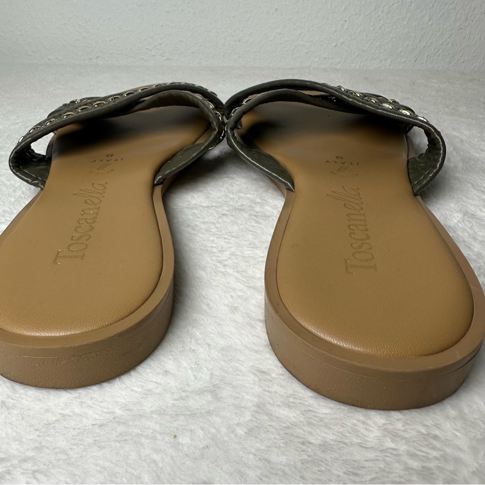 Toscanella Made In Italy Flat Sandals Beaded Army Green Leather Strap Size 8 - Picture 5 of 13